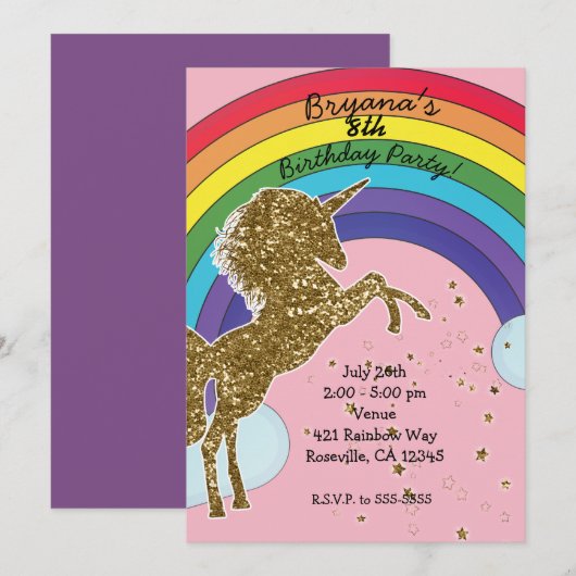 Retro Unicorn Rainbow & Gold Stars Birthday Party Kaart (Voorkant / Achterkant)