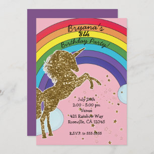 Retro Unicorn Rainbow & Gold Stars Birthday Party Kaart