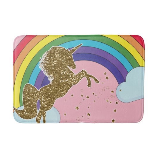Retro Unicorn Rainbow & Gold Stars Girls Badmat (Voorkant)