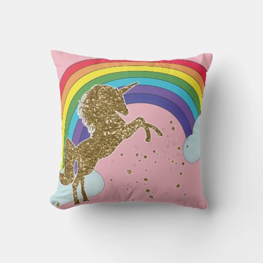 Retro Unicorn Rainbow & Gold Stars Girls Kussen (Voorkant)