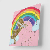 Retro Unicorn Rainbow & Gold Stars Vierkante Klok (Hoek)