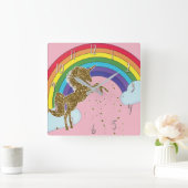 Retro Unicorn Rainbow & Gold Stars Vierkante Klok (Huis)