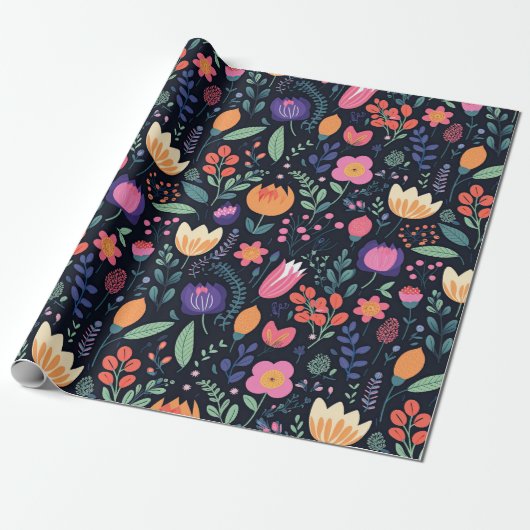 Retro unieke bold boho stijl whimsical bloemengesc cadeaupapier (Uitgerold)