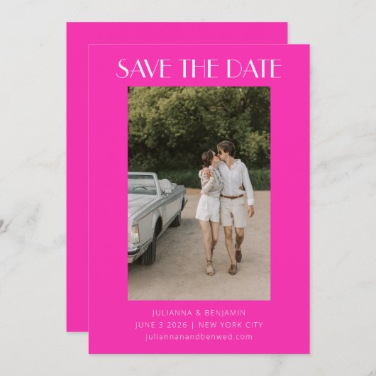 Retro Unieke Hot Pink Art Deco Foto Weddenschap Save The Date (Voorkant / Achterkant)