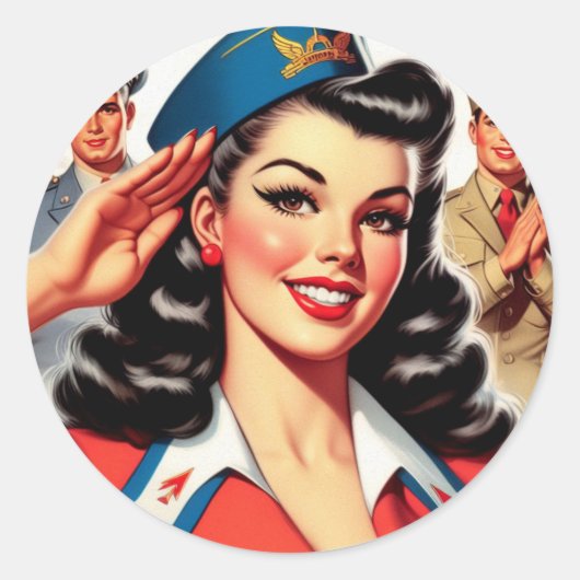 Retro Uniform Pin-up Ronde Sticker (Voorkant)