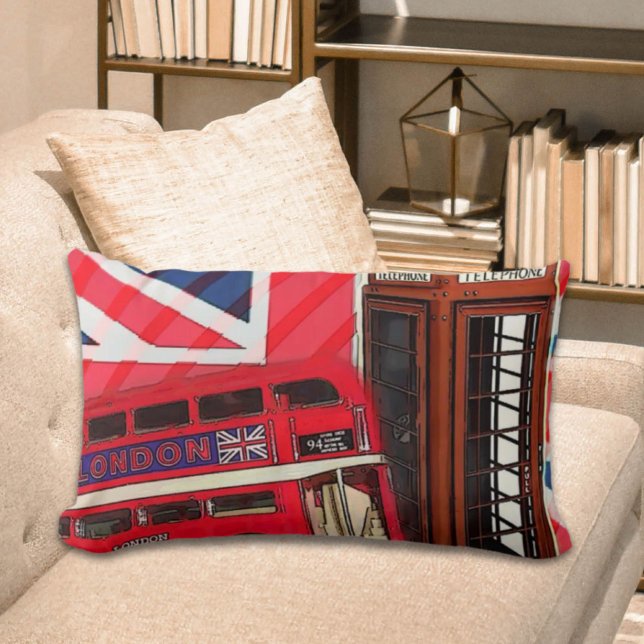Retro Union Jack London Bus rode telefooncel Kussen (Retro Union Jack London Bus red telephone booth Lumbar Pillow)