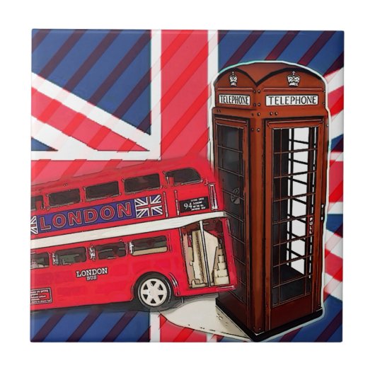 Retro Union Jack London Bus rode telefooncel Tegeltje (Voorkant)