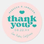 Retro Union Pink and Blauwgroen Wedding Dank u Ronde Sticker (Voorkant)