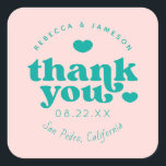 Retro Union Pink and Blauwgroen Wedding Dank u Vierkante Sticker<br><div class="desc">Retro inspireerde lettertype "Dank u" met harten,  in bewerkbare kleuren voor achtergrond en afbeeldingen.</div>