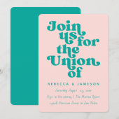 Retro Union Pink and Blauwgroen Wedding Kaart (Voorkant / Achterkant)