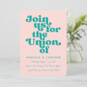 Retro Union Pink and Blauwgroen Wedding Kaart (Staand voorkant)