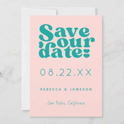 Retro Union Pink and Blauwgroen Wedding Save The Date (Voorkant)