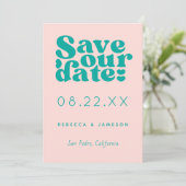 Retro Union Pink and Blauwgroen Wedding Save The Date (Staand voorkant)