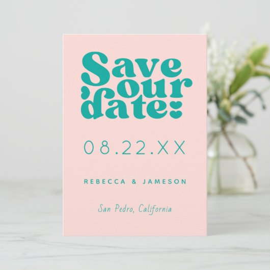 Retro Union Pink and Blauwgroen Wedding Save The Date (Staand voorkant)