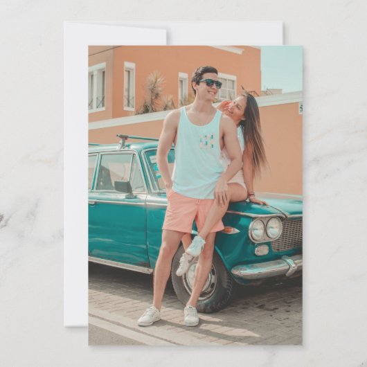 Retro Union Pink and Blauwgroen Wedding Save The Date (Achterkant)