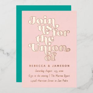 Retro Union Wedding Blush Blauwgroen Roos Folie Uitnodiging