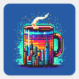Retro Urban 8-bit City Coffee Mok Vierkante Sticker