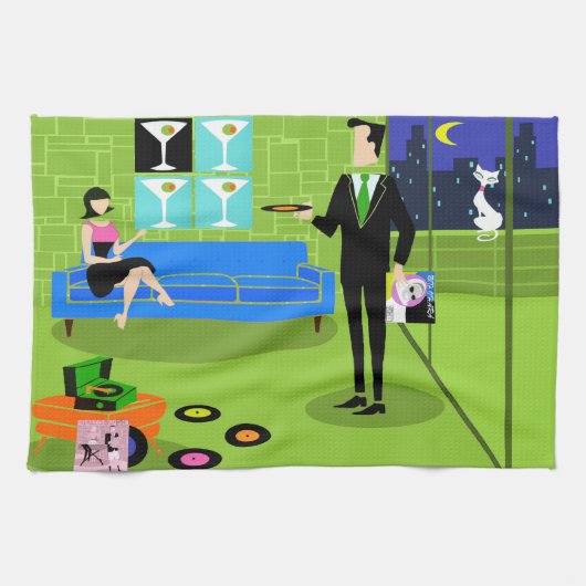 Retro Urban Cartoon Couple Kitchen Towel Theedoek (Horizontaal)