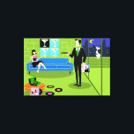 Retro Urban Cartoon Paar Uitgerekt Canvas Print<br><div class="desc">Deze Retro Urban Cartoon Couple Stretched Canvas Print beschikt over de cartoon tekening van een elegant ingerichte penthouse appartement, met uitzicht op een skyline van de stad. Het appartement beschikt over een groene vloer en een groene bakstenen muur. Op de muur staan vier Classic Movie Martini Stretched Canvas Prints, ook...</div>