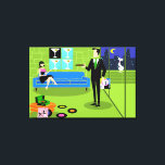 Retro Urban Cartoon Paar Uitgerekt Canvas Print<br><div class="desc">Deze Retro Urban Cartoon Couple Stretched Canvas Print beschikt over de cartoon tekening van een elegant ingerichte penthouse appartement, met uitzicht op een skyline van de stad. Het appartement beschikt over een groene vloer en een groene bakstenen muur. Op de muur staan vier Classic Movie Martini Stretched Canvas Prints, ook...</div>