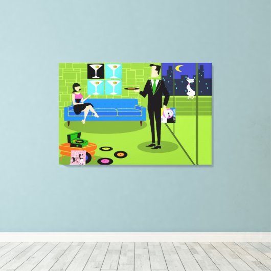 Retro Urban Cartoon Paar Uitgerekt Canvas Print (Insitu (Houten vloer))