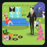 Retro Urban Christmas Paar Stickers<br><div class="desc">Deze Retro Urban Christmas Couple Stickers zijn voorzien van de cartoon tekening van een elegant penthouse appartement, allemaal ingericht voor de feestdagen met strengen kleurrijke kerstverlichting en een kitschy, roze, kerstboom, compleet met blauwgroen ornamenten en een gele ster. Het appartement beschikt over een groene vloer en een groene bakstenen muur....</div>