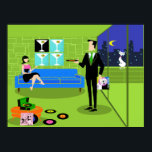 Retro Urban Couple Poster<br><div class="desc">Dit Retro Urban Cartoon Couple Poster toont de cartoon tekening van een elegant versierd penthouse appartement, waarbij een skyline van de stad over het hoofd wordt gezien. Het appartement heeft een groene vloer en een groene bakstenen muur. Op de muur zijn vier Klassieke Drukken van het Canvas van de Film...</div>