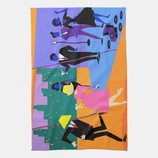 Retro Urban Rooftop Party Kitchen Towel Theedoek (Verticaal)