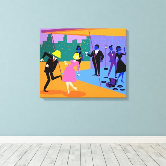 Retro Urban Rooftop Party Uitgerekte Canvas Print (Insitu (Houten vloer))