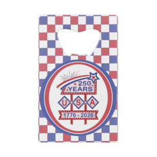 Retro USA 250e verjaardag Marquee Bord 1776-2026 Creditkaart Flessenopener