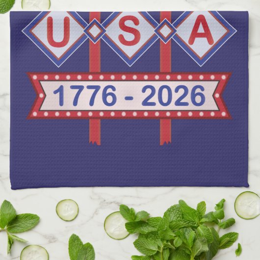 Retro USA 250th Anniversary Marquee Sign 1776-2026 Theedoek (Gevouwen)