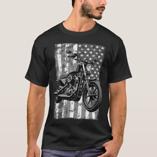 Retro USA American Flag Motorcycle Veteran Biker T-shirt (Voorkant)