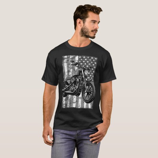 Retro USA American Flag Motorcycle Veteran Biker T-shirt (Voorkant volledig)