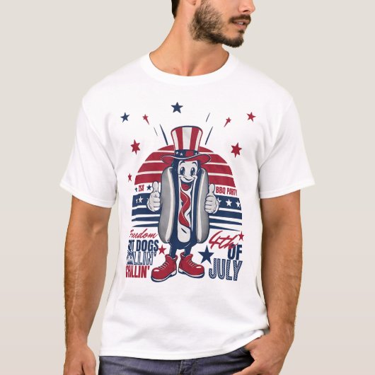  RETRO USA HOTDOG 4TH VAN JULI BBQ PARTY T-SHIRT (Voorkant)