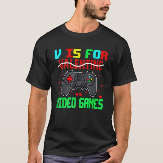 Retro V is voor videogames Valentijnsdag gamer M T-shirt (Voorkant)