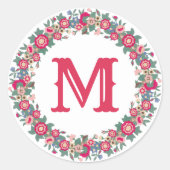 Retro vakantie bloemenkrans rood monogram ronde sticker (Voorkant)