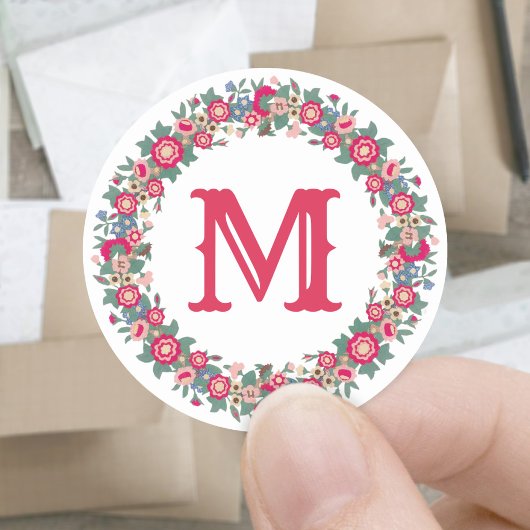 Retro vakantie bloemenkrans rood monogram ronde sticker