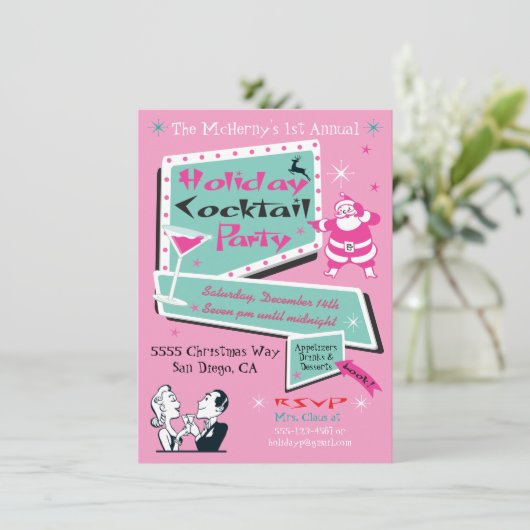 Retro Vakantie Kerstmis Roze feestuitnodigingen Kaart (Staand voorkant)