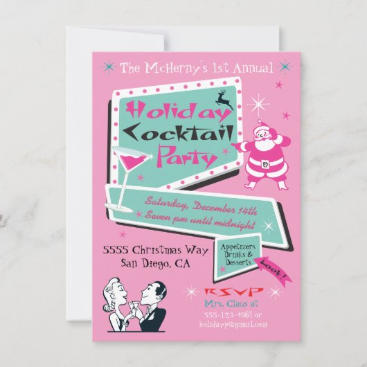 Retro Vakantie Kerstmis Roze feestuitnodigingen Kaart (Voorkant)
