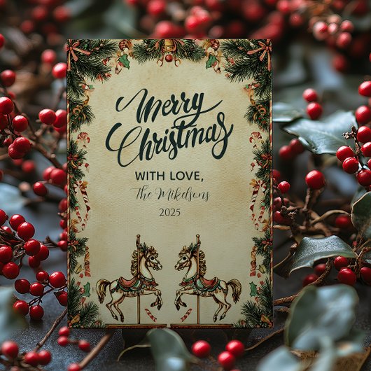 Retro Vakantie Rocking Horse Kerst Feestdagenkaart