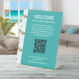 Retro Vakantiehuis Welkom Gast QR Code Reclamebord Met Voetstuk