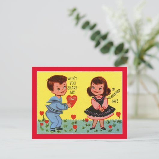 Retro Valentijn Boy en Girl Briefkaart (Staand voorkant)