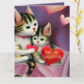 Retro Valentijn Cute Kittens en Hearts Kaart (Gele Bloem)