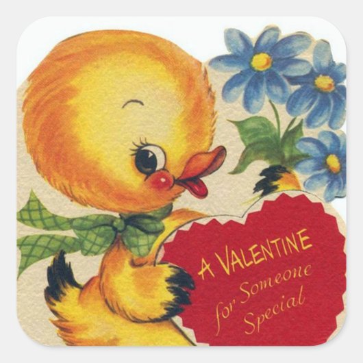 Retro  Valentijn eendje Vakkeltje Vierkante Sticker (Voorkant)