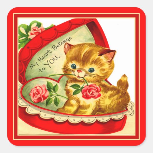 Retro Valentijn ~ Kitten in een Box Sticker (Voorkant)