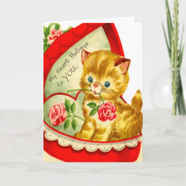 Retro Valentijn ~ Kitten in een Snoepjes doos Kaar Feestdagen Kaart