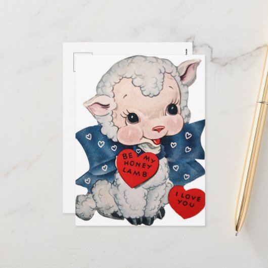 Retro  Valentijn lammeren Feestdagenkaart (Voorkant / Achterkant in situ)