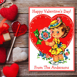 Retro Valentijn Meisje Met Hart Custom Feestdagenkaart