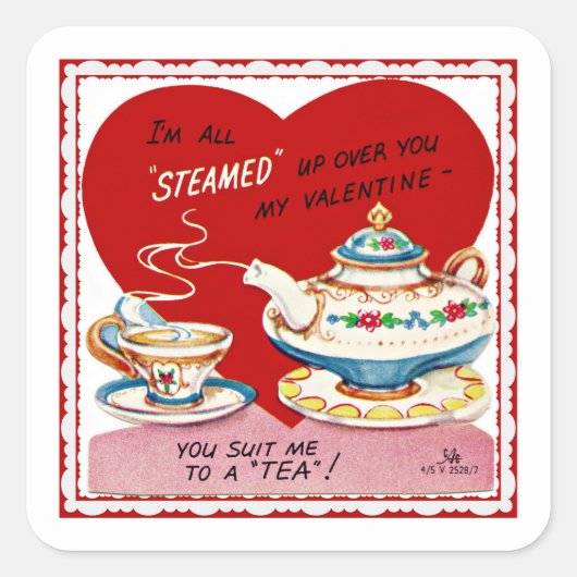 Retro Valentijn Tea Cup en theepot Vierkante Sticker (Voorkant)