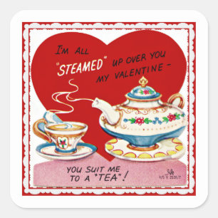 Retro Valentijn Tea Cup en theepot Vierkante Sticker